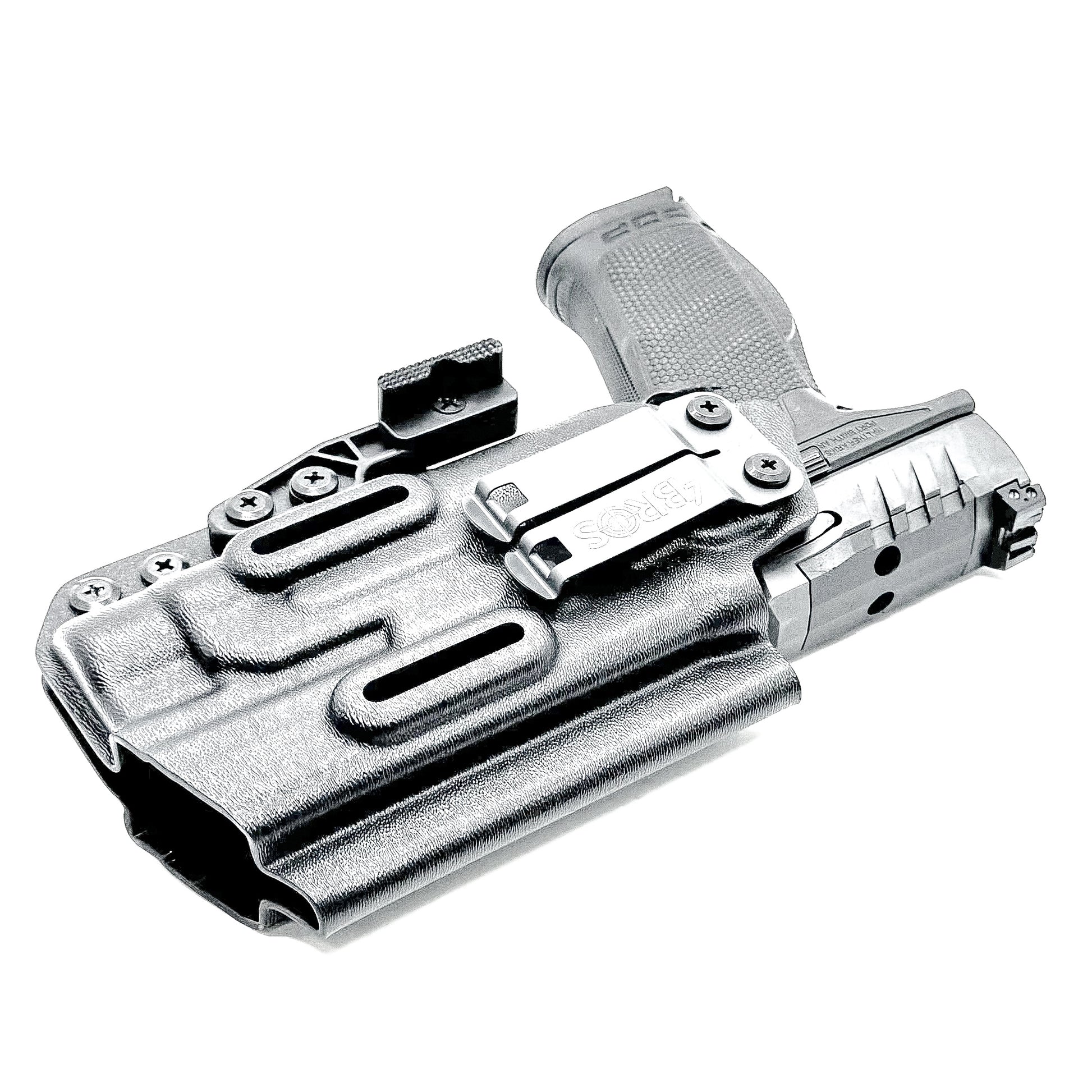 Inside Waistband Holster for the PDP 4.5" with the TLR-1 HL light shown in black with a DCC monoblock and a modwing.