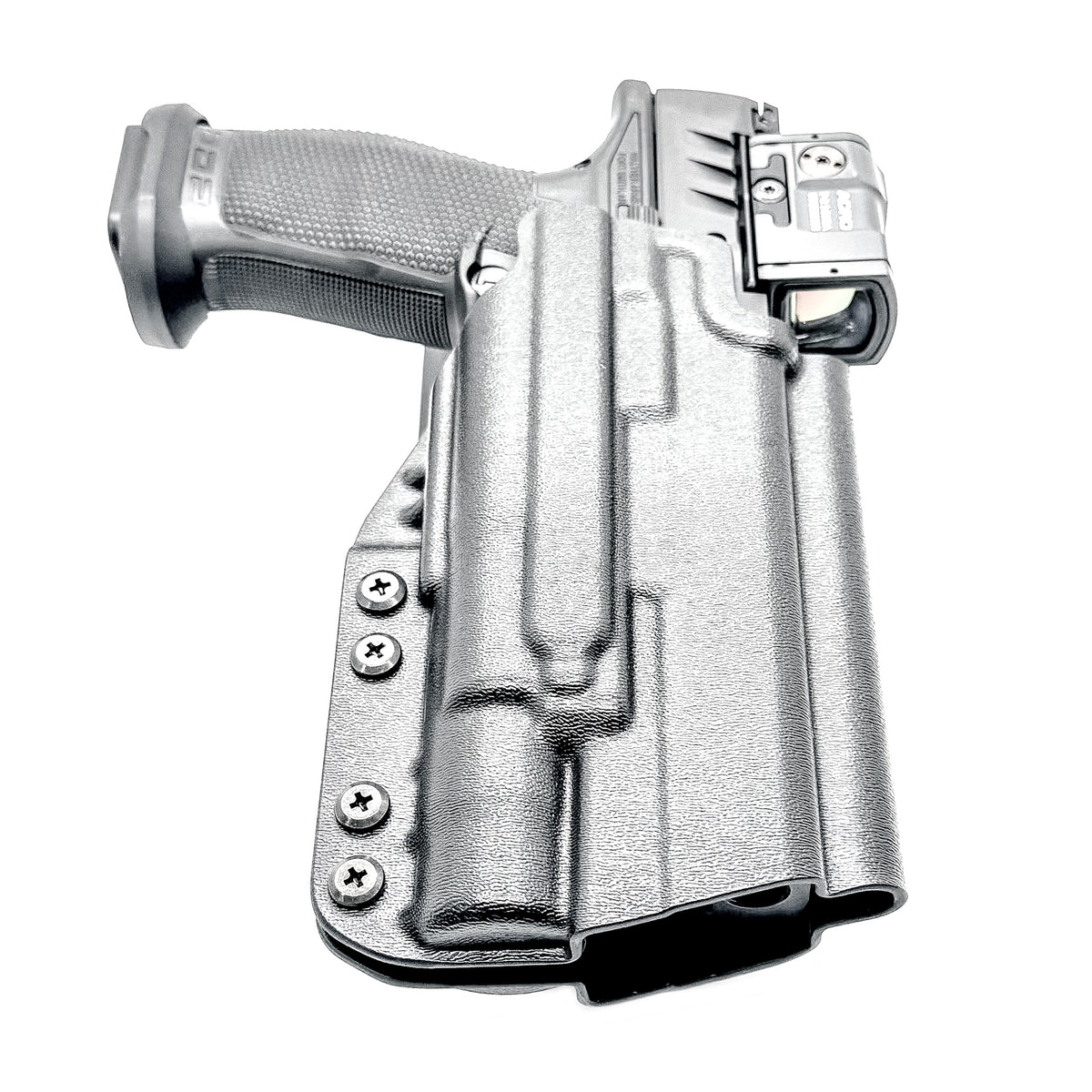 Outside Waistband (OWB) light duty and competition holster for Walther PDP 5” and 5.1” pistols equipped with SureFire X300 weapon light. Made in USA.