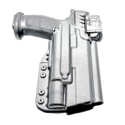 Outside Waistband (OWB) light duty and competition holster for Walther PDP 5” and 5.1” pistols equipped with SureFire X300 weapon light. Made in USA.