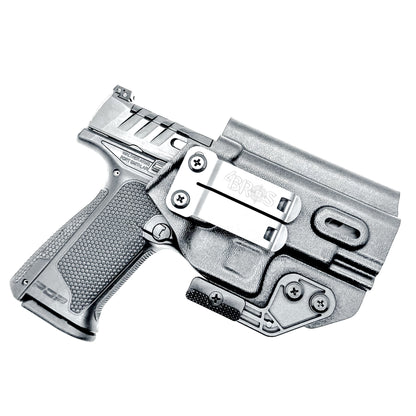 Black Inside Waistband IWB holster for the Walther PDP Compact 4" pistol with DCC Monoblock and a modwing.