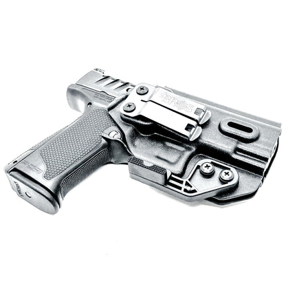 Black Inside Waistband IWB holster for the Walther PDP Compact 4" pistol with DCC Monoblock and a modwing.