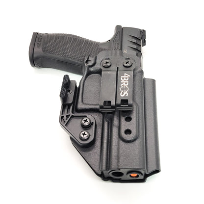 Inside Waistband IWB Kydex Holster designed to fit the Walther PDP Compact pistol. Holster profile is cut to allow red dot sights to be mounted on the pistol.  This holster will fit the Full Size 4.5", Full Size 4" & Compact. Full sweat guard, adjustable retention and open muzzle for threaded barrels and compensators.