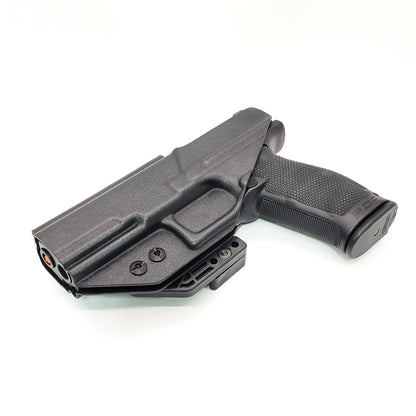 Inside Waistband IWB Kydex Holster designed to fit the Walther PDP Compact pistol. Holster profile is cut to allow red dot sights to be mounted on the pistol.  This holster will fit the Full Size 4.5", Full Size 4" & Compact. Full sweat guard, adjustable retention and open muzzle for threaded barrels and compensators.