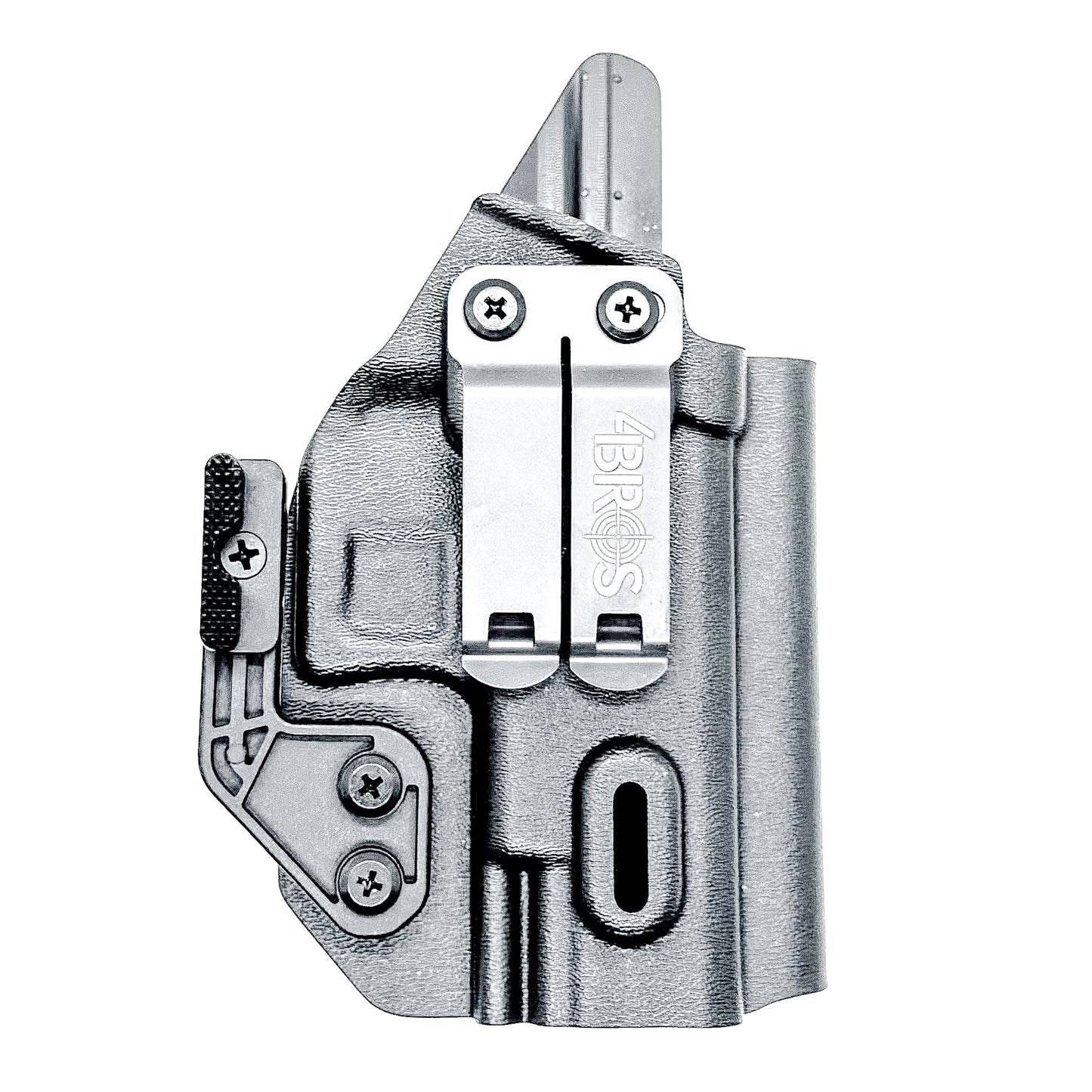 Black Inside Waistband IWB holster for the Walther PDP Compact 4" pistol with DCC Monoblock and a modwing.