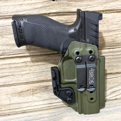 Inside Waistband IWB Kydex Holster designed to fit the Walther PDP Compact pistol. Holster profile is cut to allow red dot sights to be mounted on the pistol. This holster will fit the Full Size 4.5", Full Size 4" & Compact. Full sweat guard, adjustable retention and open muzzle for threaded barrels and compensators.