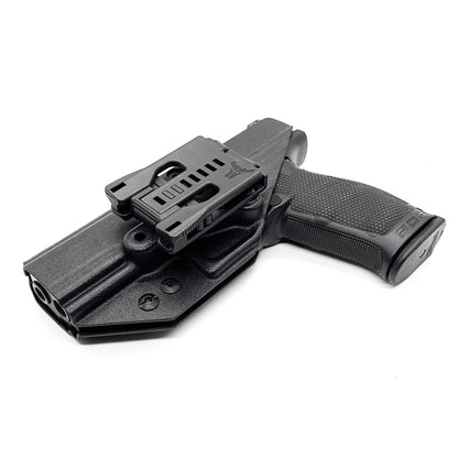 Outside Waistband Holster designed to fit the Walther PDP Compact pistol. Holster profile is cut to allow red dot sights to be mounted on the pistol.  Holster features full sweat guard, adjustable retention and open muzzle for threaded barrels and compensators.