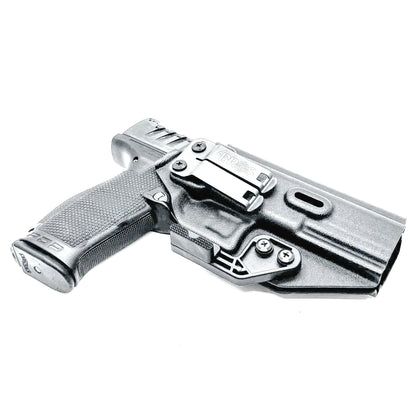 Black Inside Wasitband IWB holster for the Walther PDP Compact 5" pistol with DCC Monoblock and a modwing.