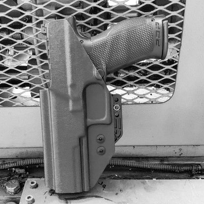 Inside Waistband IWB Holster designed to fit the Walther PDP Compact 5" pistol. Holster profile is cut to allow red dot sights to be mounted on the pistol.  This holster will fit the Full Size 5" and 5" Compact. Full sweat guard, adjustable retention and open muzzle for threaded barrels and compensators.