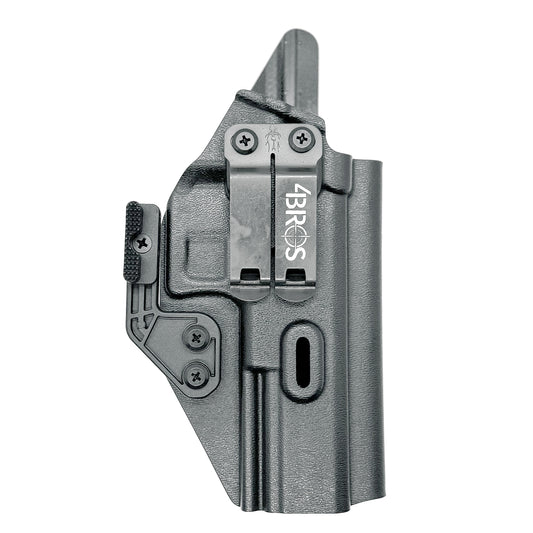 Inside Waistband IWB Holster designed to fit the Walther PDP Compact 5" pistol. Holster profile is cut to allow red dot sights to be mounted on the pistol.  This holster will fit the Full Size 5" and 5" Compact. Full sweat guard, adjustable retention
and open muzzle for threaded barrels and compensators.