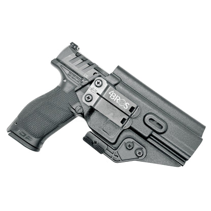 Inside Waistband IWB Holster designed to fit the Walther PDP Compact 5" pistol. Holster profile is cut to allow red dot sights to be mounted on the pistol.  This holster will fit the Full Size 5" and 5" Compact. Full sweat guard, adjustable retention
and open muzzle for threaded barrels and compensators.