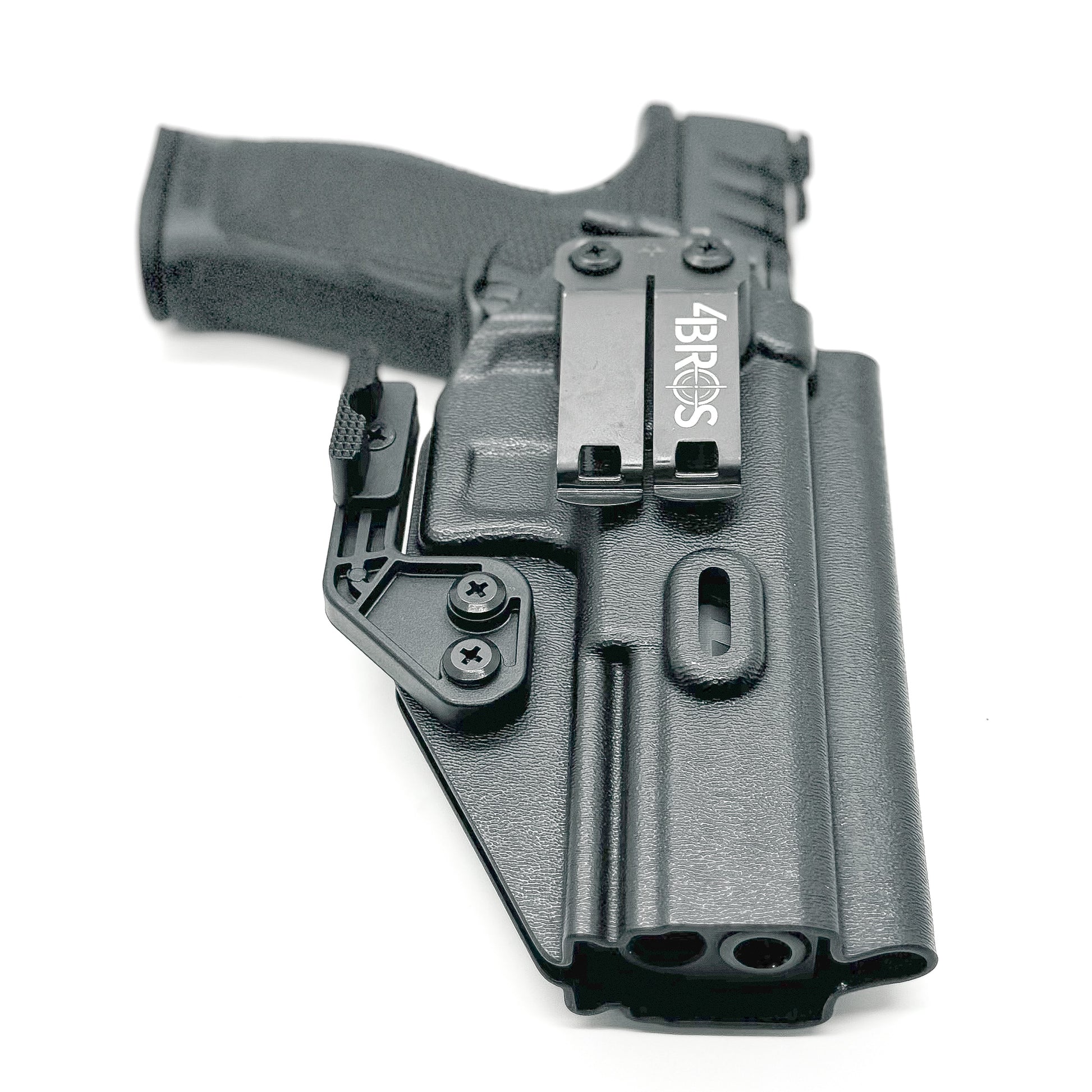 Inside Waistband IWB Holster designed to fit the Walther PDP Compact 5" pistol. Holster profile is cut to allow red dot sights to be mounted on the pistol.  This holster will fit the Full Size 5" and 5" Compact. Full sweat guard, adjustable retention
and open muzzle for threaded barrels and compensators.