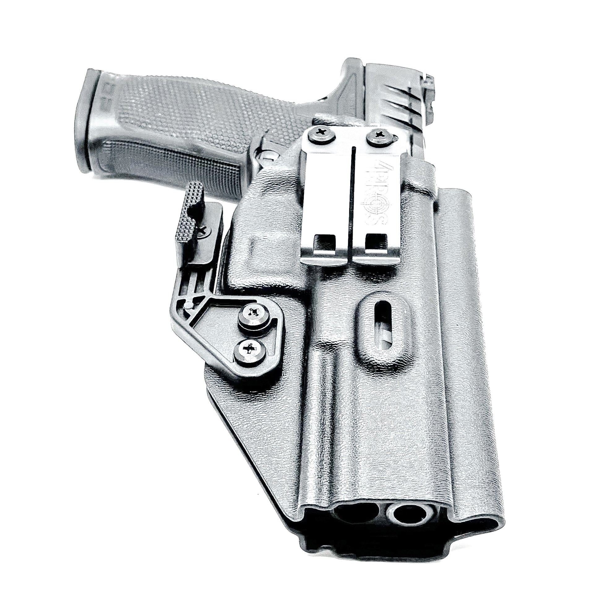 Black Inside Wasitband IWB holster for the Walther PDP Compact 5" pistol with DCC Monoblock and a modwing.