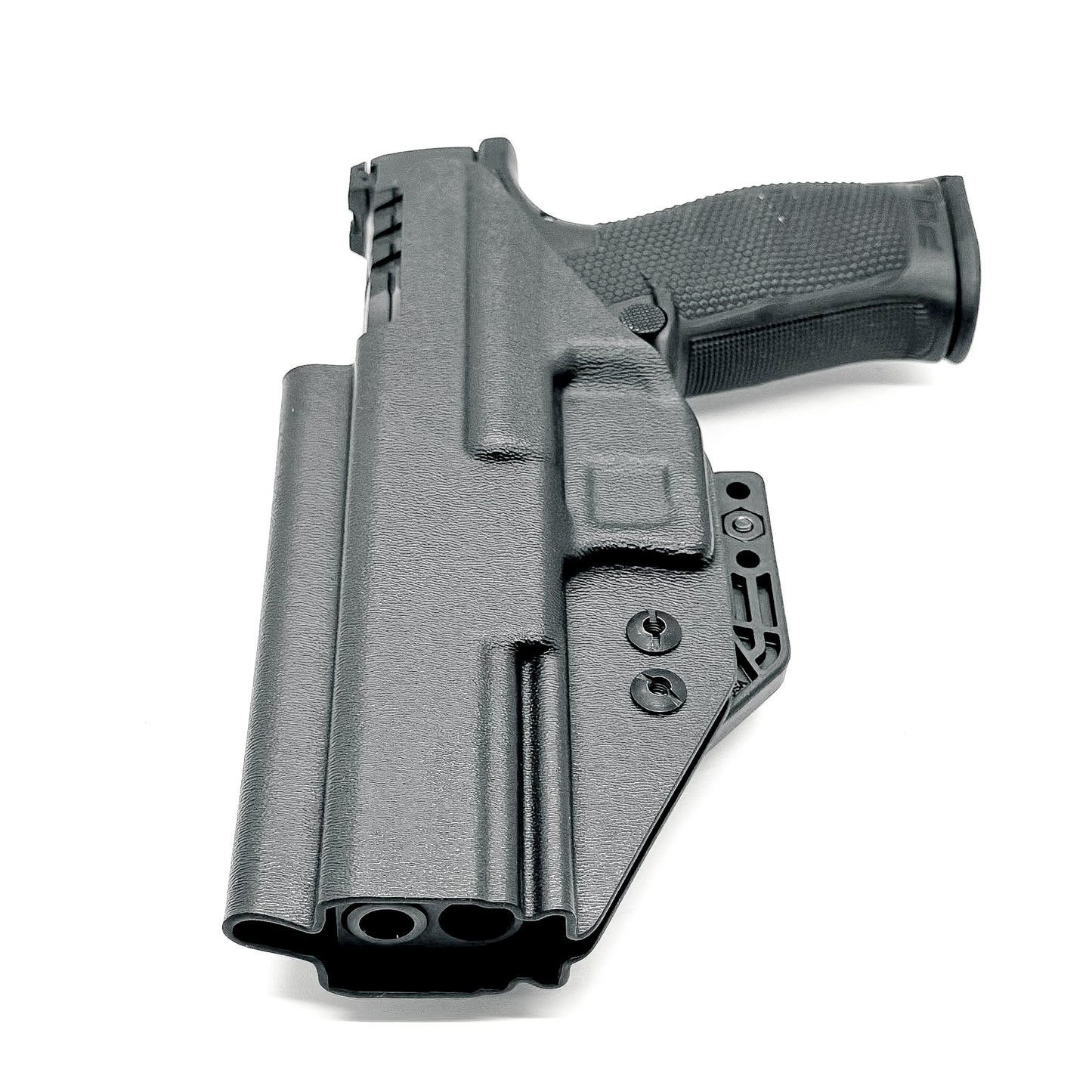 Inside Waistband IWB Holster designed to fit the Walther PDP Compact 5" pistol. Holster profile is cut to allow red dot sights to be mounted on the pistol.  This holster will fit the Full Size 5" and 5" Compact. Full sweat guard, adjustable retention
and open muzzle for threaded barrels and compensators.