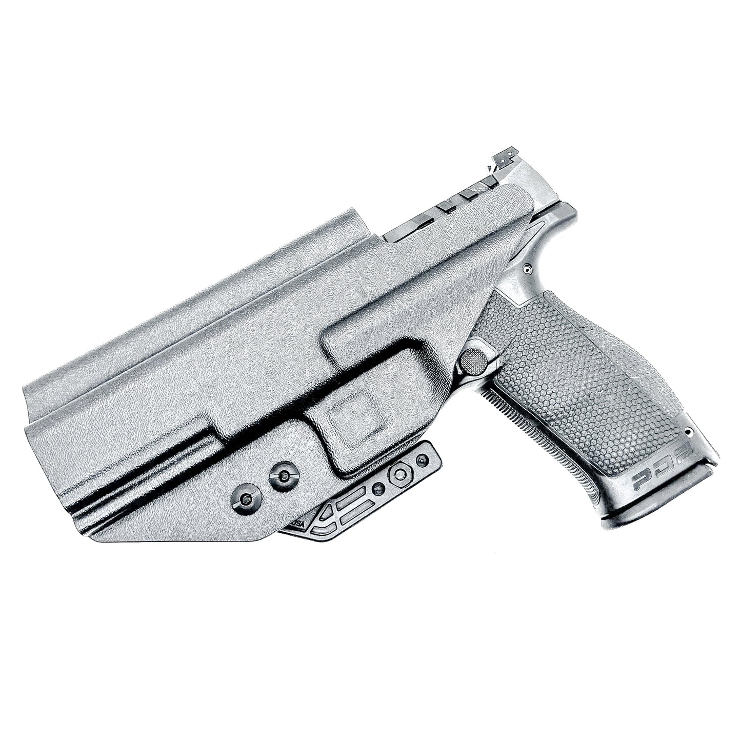 Black Inside Wasitband IWB holster for the Walther PDP Compact 5" pistol with DCC Monoblock and a modwing.