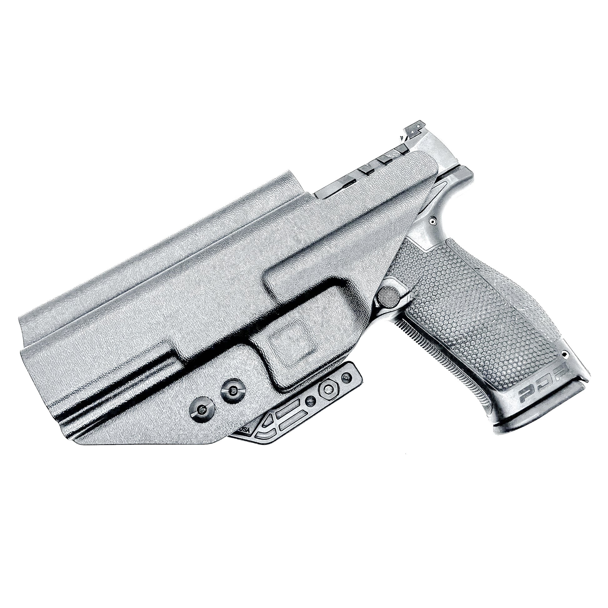 Black Inside Wasitband IWB holster for the Walther PDP Compact 5" pistol with DCC Monoblock and a modwing.