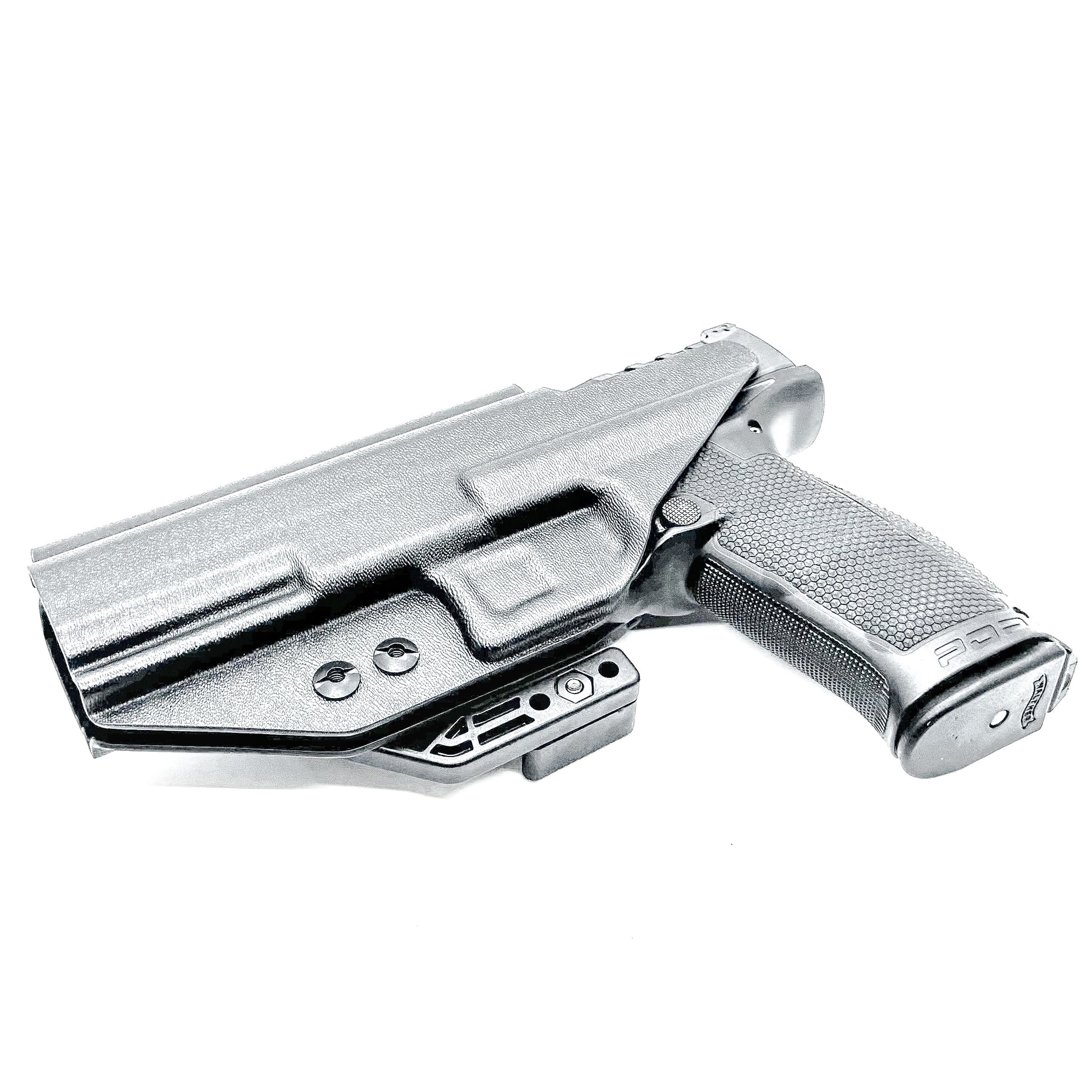 Black Inside Wasitband IWB holster for the Walther PDP Compact 5" pistol with DCC Monoblock and a modwing.