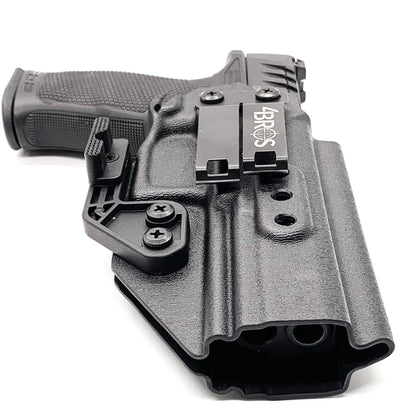 Inside Waistband IWB Holster designed to fit the Walther PDP Compact 5" pistol. Holster profile is cut to allow red dot sights to be mounted on the pistol.  This holster will fit the Full Size 5" and 5" Compact. Full sweat guard, adjustable retention and open muzzle for threaded barrels and compensators.