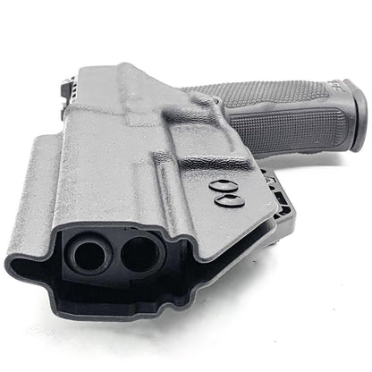 Inside Waistband IWB Holster designed to fit the Walther PDP Compact 5" pistol. Holster profile is cut to allow red dot sights to be mounted on the pistol.  This holster will fit the Full Size 5" and 5" Compact. Full sweat guard, adjustable retention and open muzzle for threaded barrels and compensators.