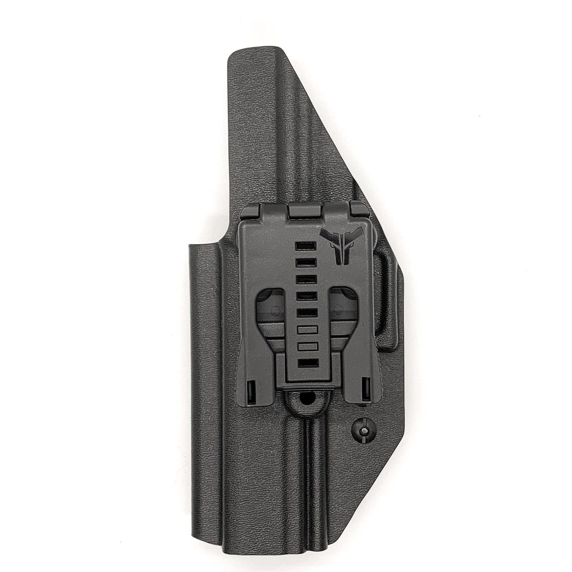 Outside Waistband Holster designed to fit the Walther PDP Compact 5" pistol. Holster profile is cut to allow red dot sights to be mounted on the pistol. Full sweat guard, adjustable retention and open muzzle for threaded barrels and compensators.