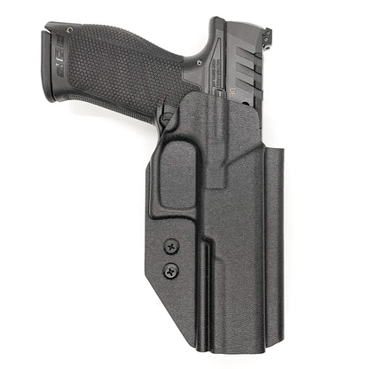 Outside Waistband Holster designed to fit the Walther PDP Compact 5" pistol. Holster profile is cut to allow red dot sights to be mounted on the pistol. Full sweat guard, adjustable retention and open muzzle for threaded barrels and compensators.