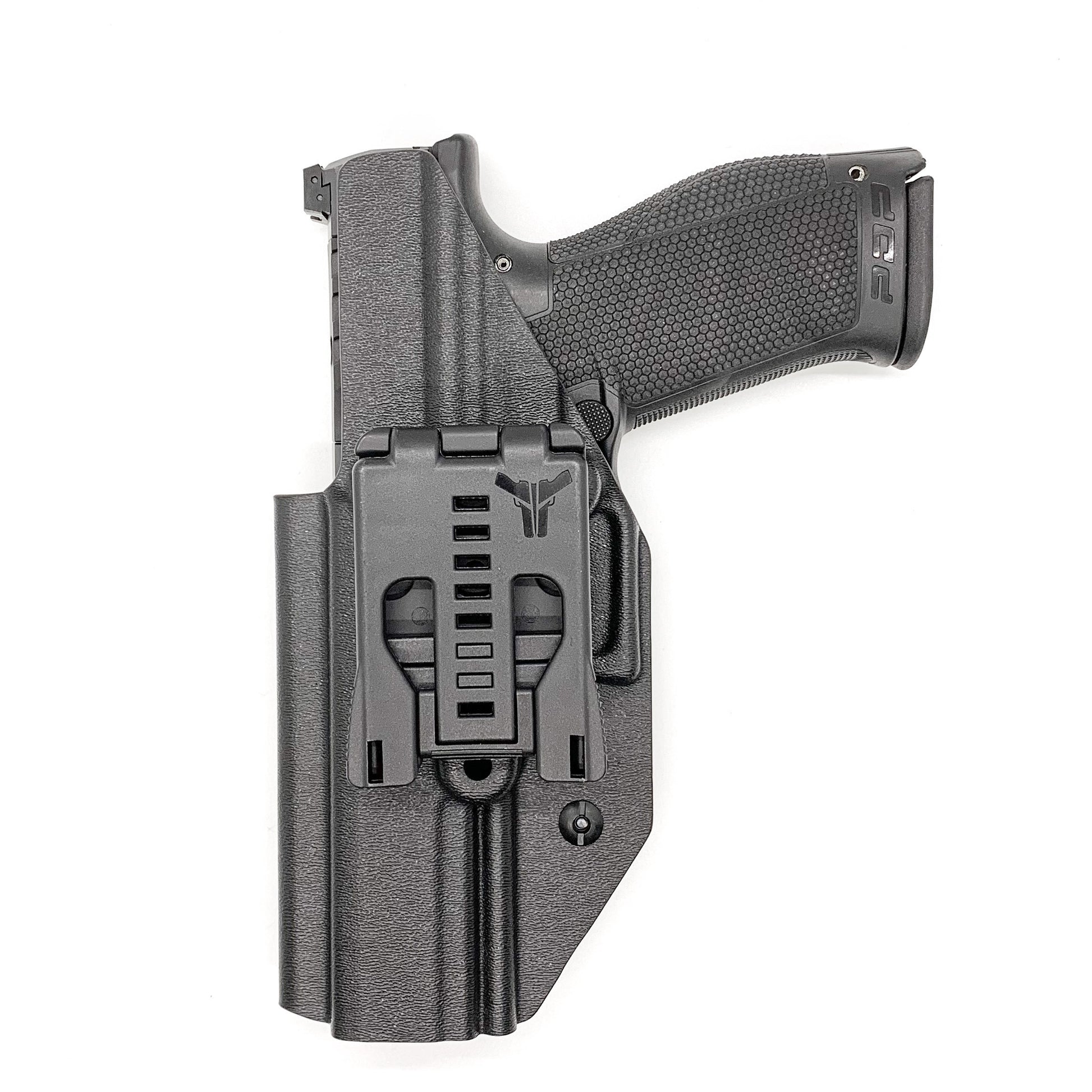 Outside Waistband Holster designed to fit the Walther PDP Compact 5" pistol. Holster profile is cut to allow red dot sights to be mounted on the pistol. Full sweat guard, adjustable retention and open muzzle for threaded barrels and compensators.