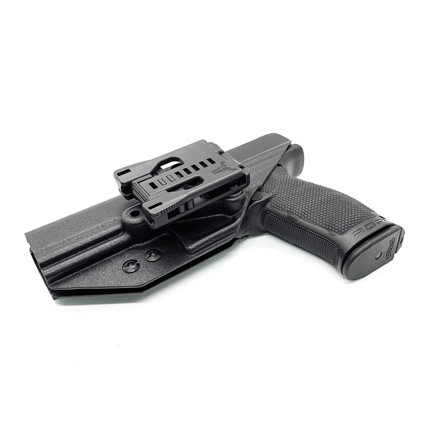 Outside Waistband Holster designed to fit the Walther PDP Compact 5" pistol. Holster profile is cut to allow red dot sights to be mounted on the pistol. Full sweat guard, adjustable retention and open muzzle for threaded barrels and compensators.