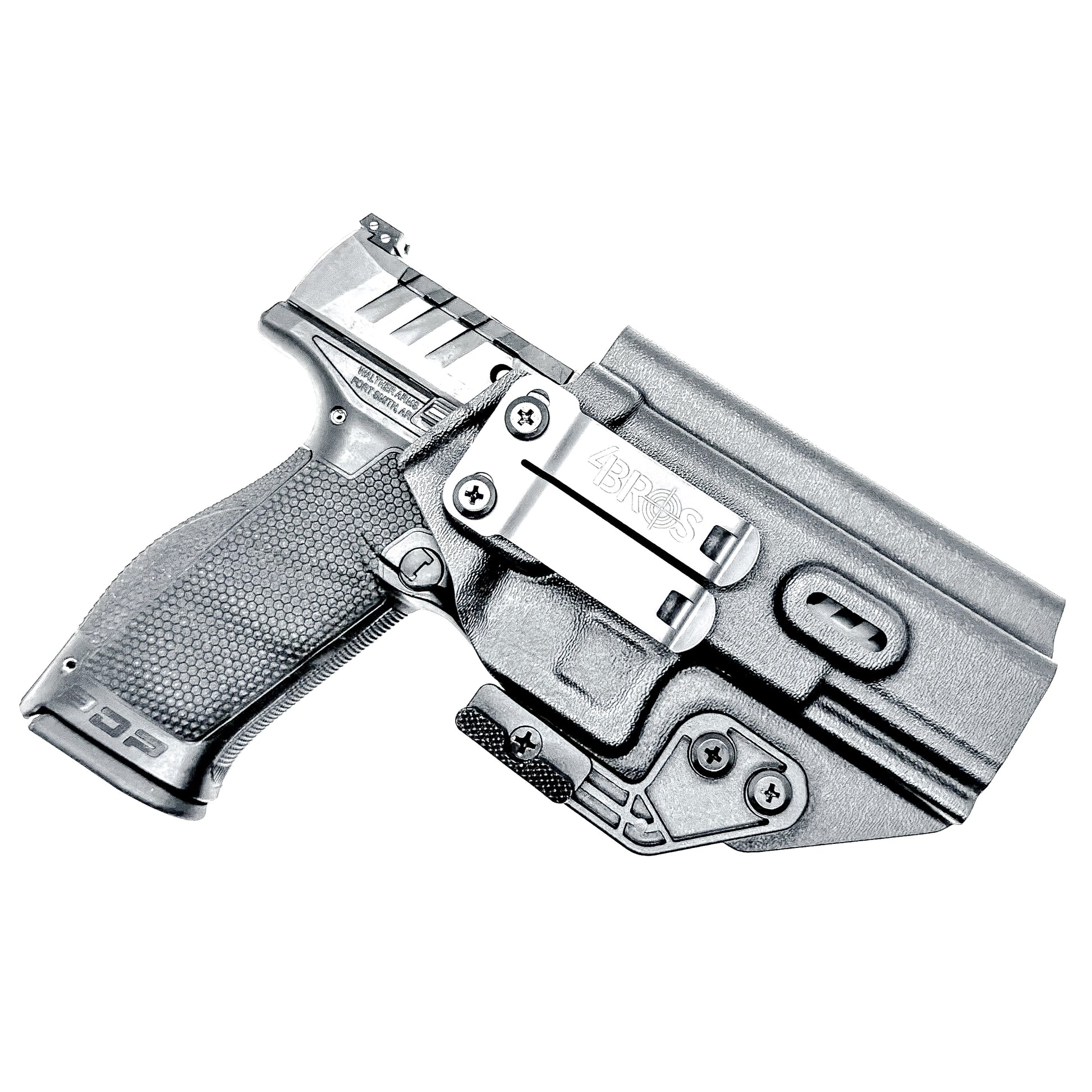 Black Inside Waistband IWB holster for the Walther PDP Full Size 4.5" pistol with DCC Monoblock and a modwing.