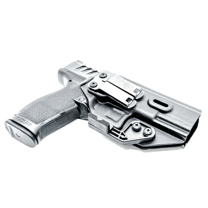 Black Inside Waistband IWB holster for the Walther PDP Full Size 4.5" pistol with DCC Monoblock and a modwing.