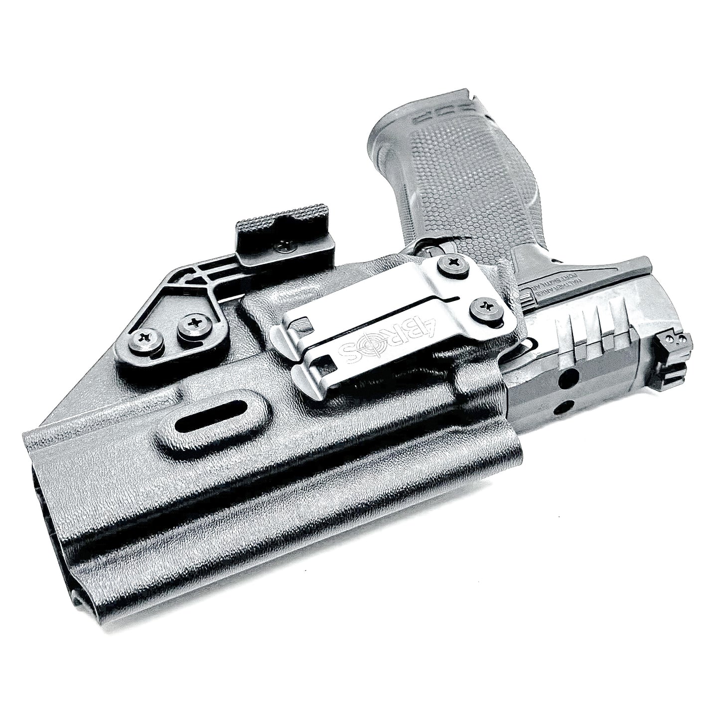 Black Inside Waistband IWB holster for the Walther PDP Full Size 4.5" pistol with DCC Monoblock and a modwing.