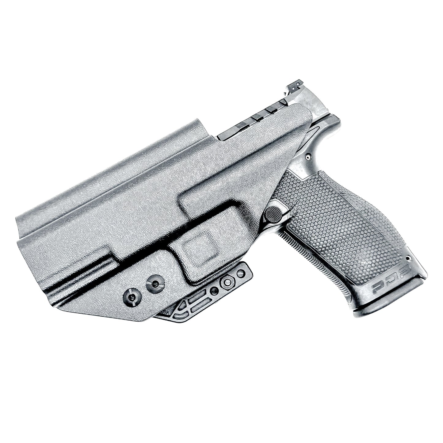 Black Inside Waistband IWB holster for the Walther PDP Full Size 4.5" pistol with DCC Monoblock and a modwing.