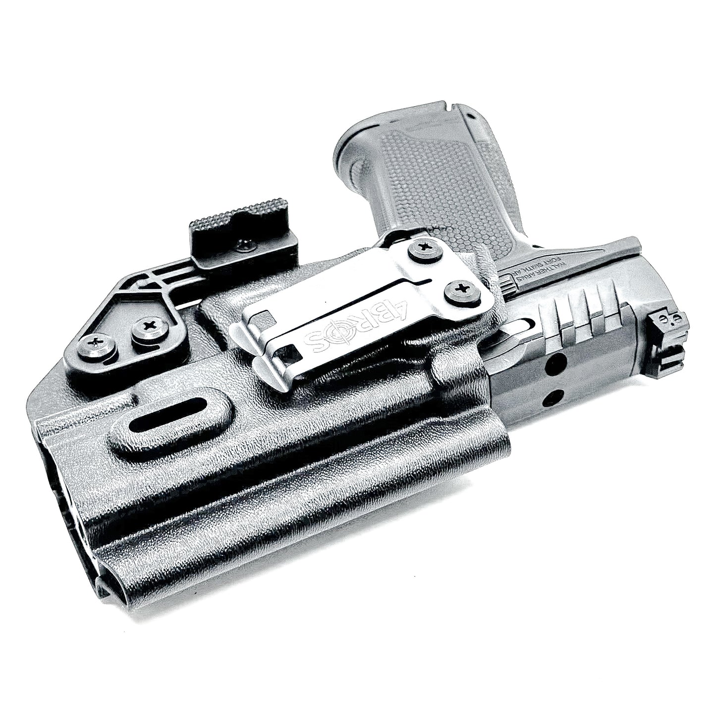 Black Inside Waistband IWB holster for the Walther PDP Full Size 4" pistol with DCC Monoblock and a modwing.