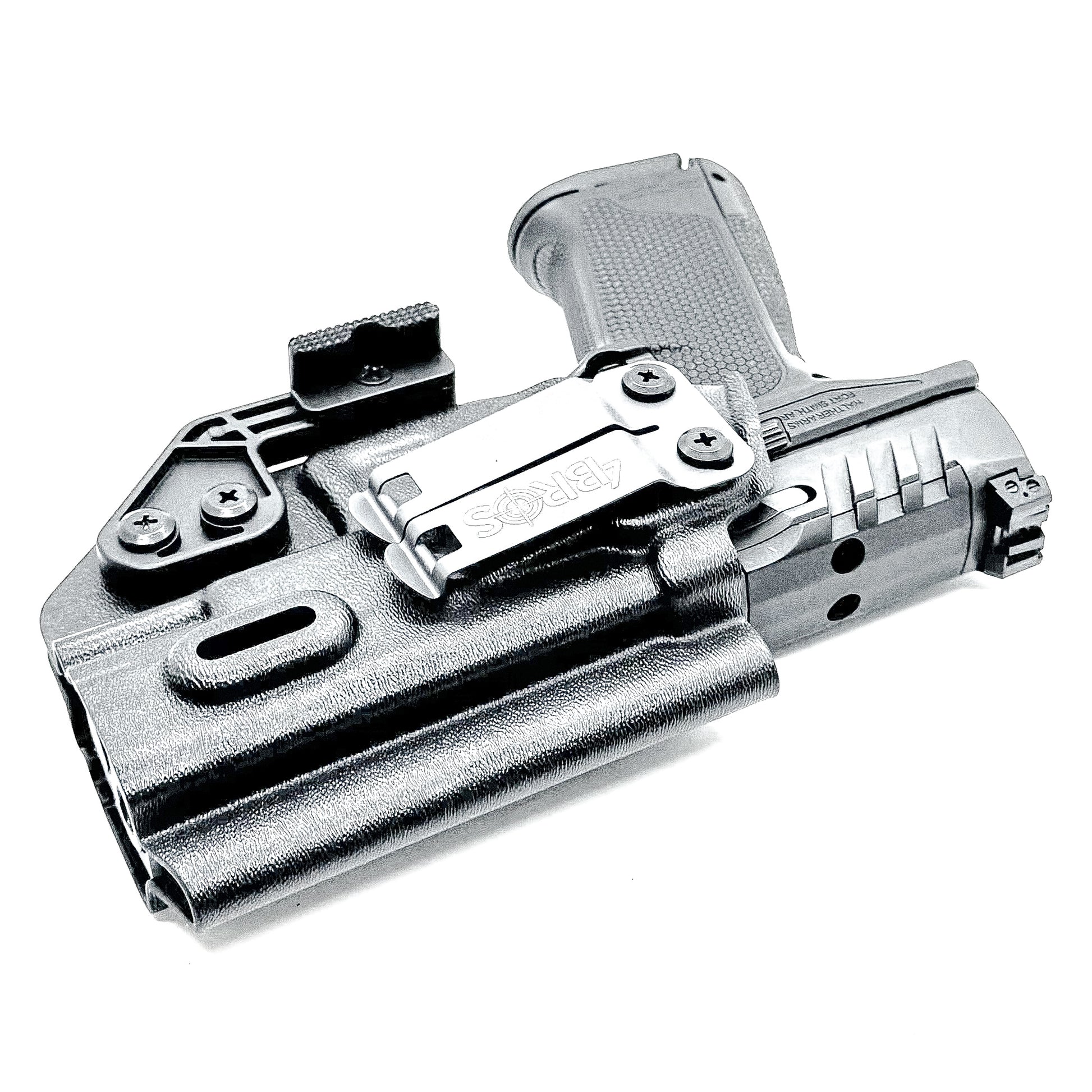 Black Inside Waistband IWB holster for the Walther PDP Full Size 4" pistol with DCC Monoblock and a modwing.