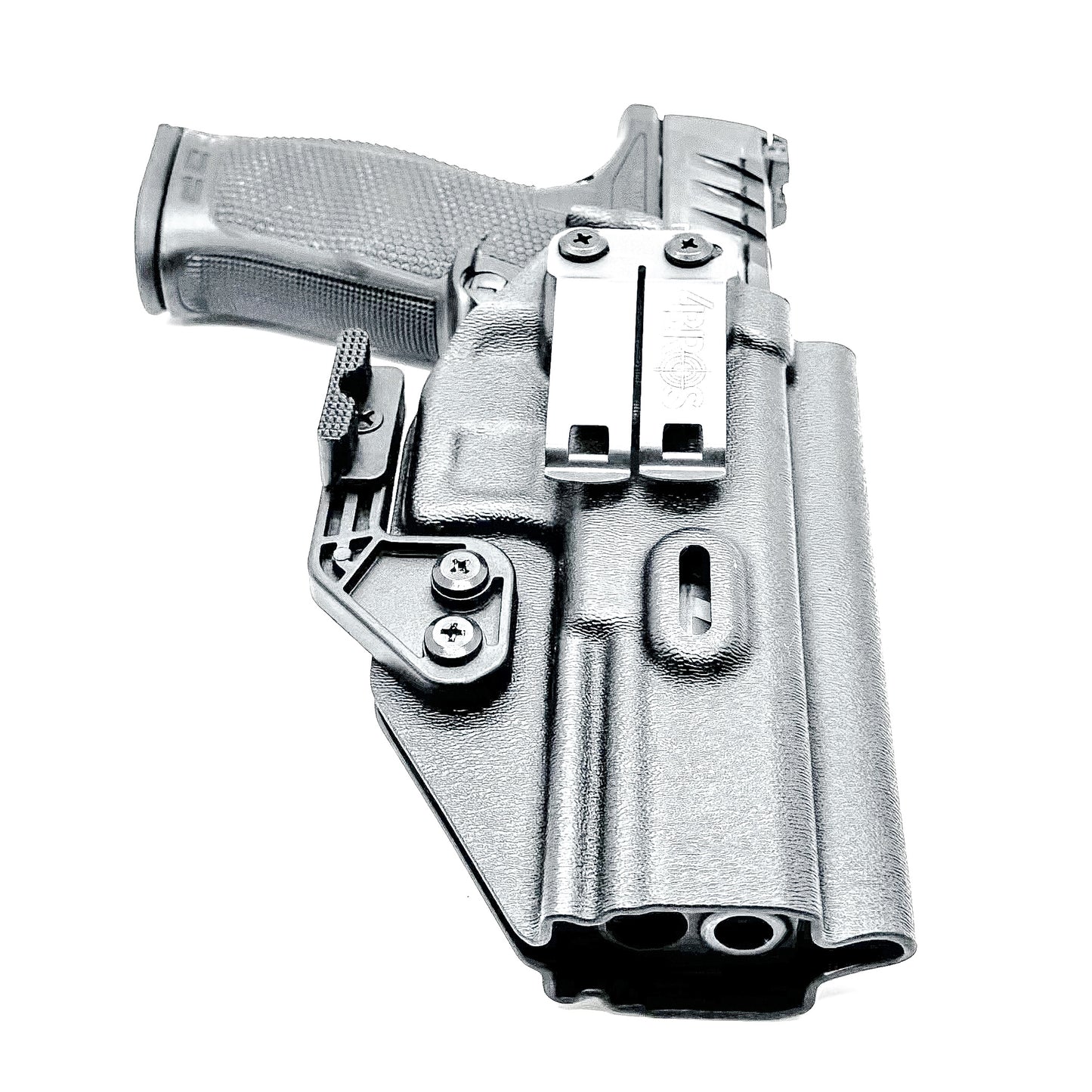 Black Inside Waistband IWB holster for the Walther PDP Full Size 5" pistol with DCC Monoblock and a modwing.