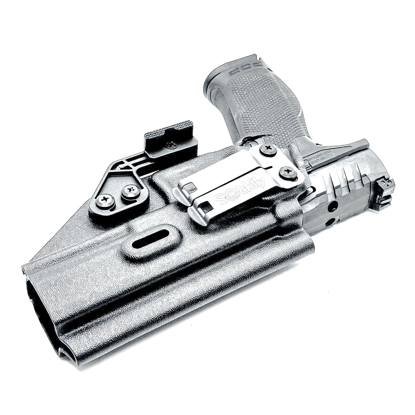 Black Inside Waistband IWB holster for the Walther PDP Full Size 5" pistol with DCC Monoblock and a modwing.