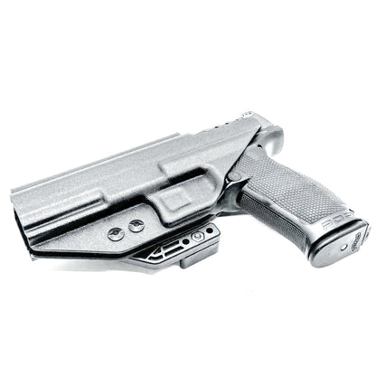 Black Inside Waistband IWB holster for the Walther PDP Full Size 5" pistol with DCC Monoblock and a modwing.