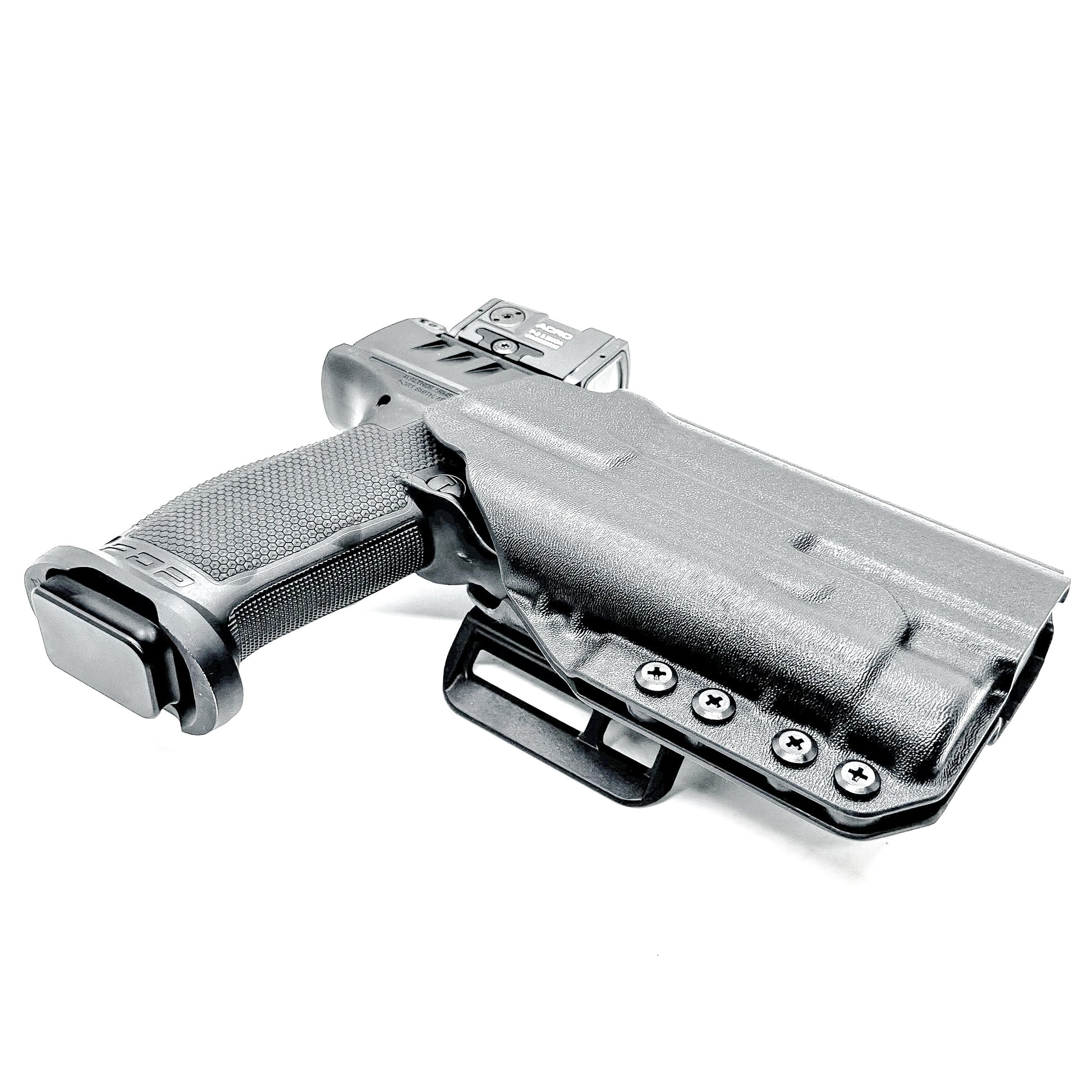 Black Outside Waistband OWB Holster for the Walther PDP Pro-X PMM with TLR-1 HL light and 4Bros 1.5" Belt Slide.