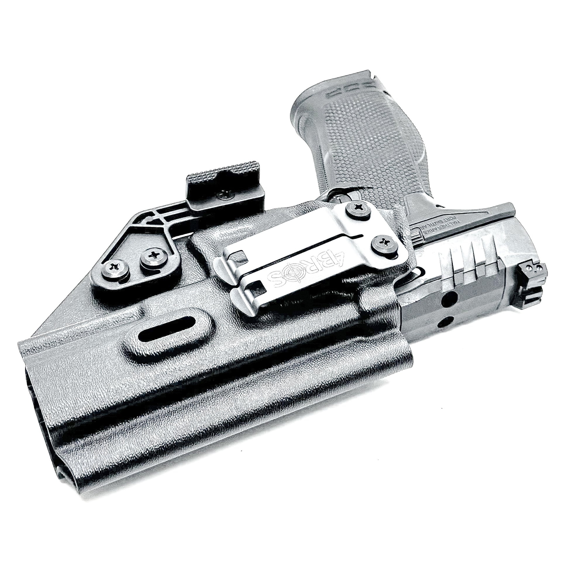 Black Inside Waistband IWB holster for the Walther PDP Pro SD 4.6" pistol with DCC Monoblock and a modwing.