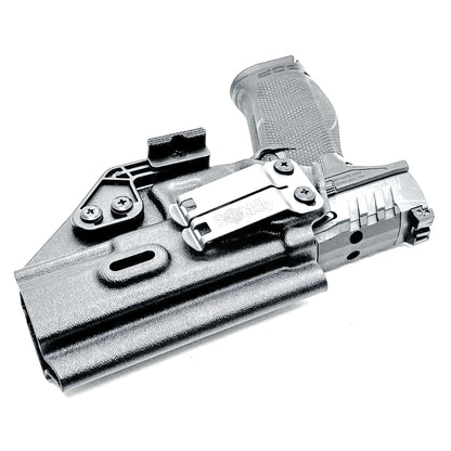 Black Inside Waistband IWB holster for the Walther PDP Pro SD 4.6" pistol with DCC Monoblock and a modwing.