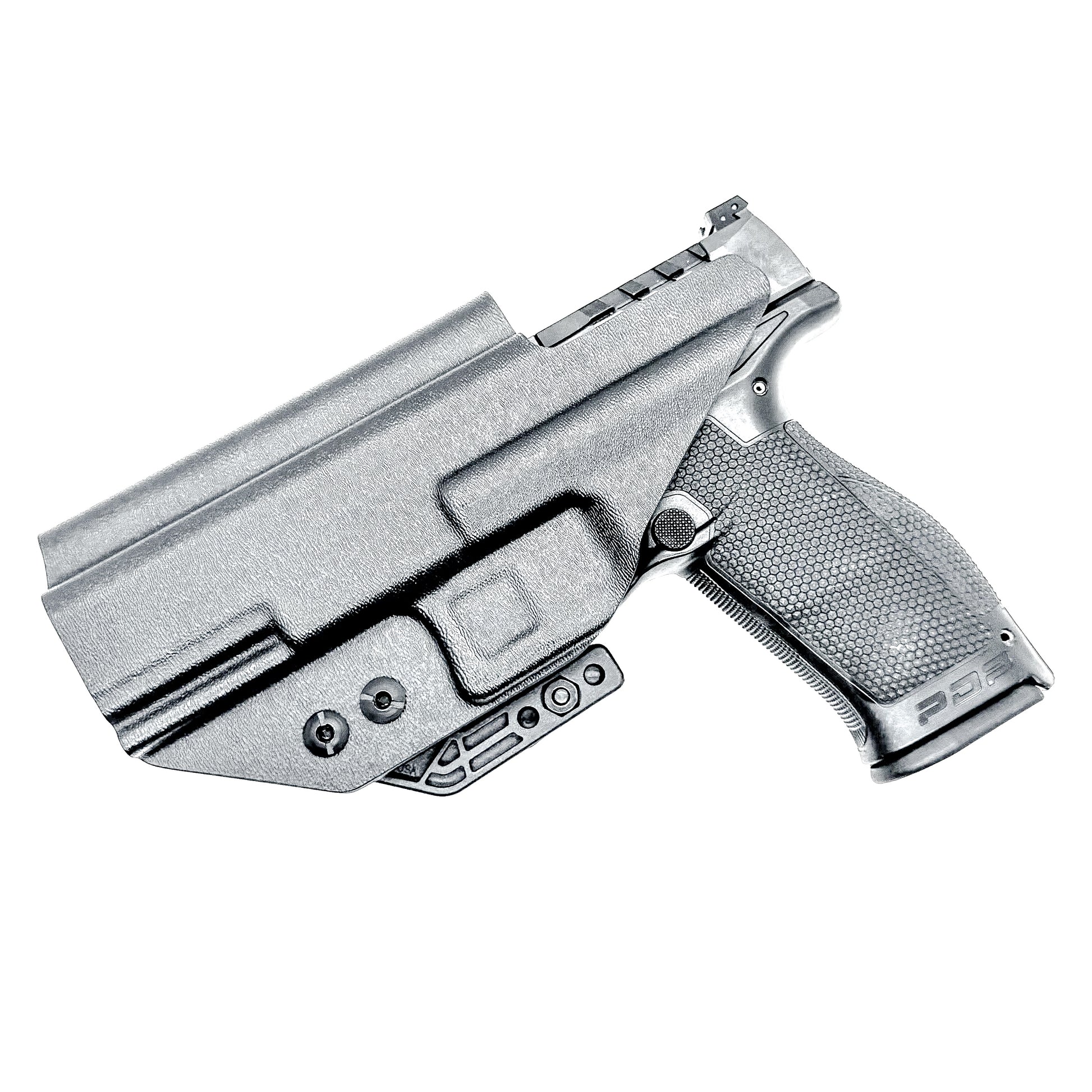 Black Inside Waistband IWB holster for the Walther PDP Pro SD 4.6" pistol with DCC Monoblock and a modwing.