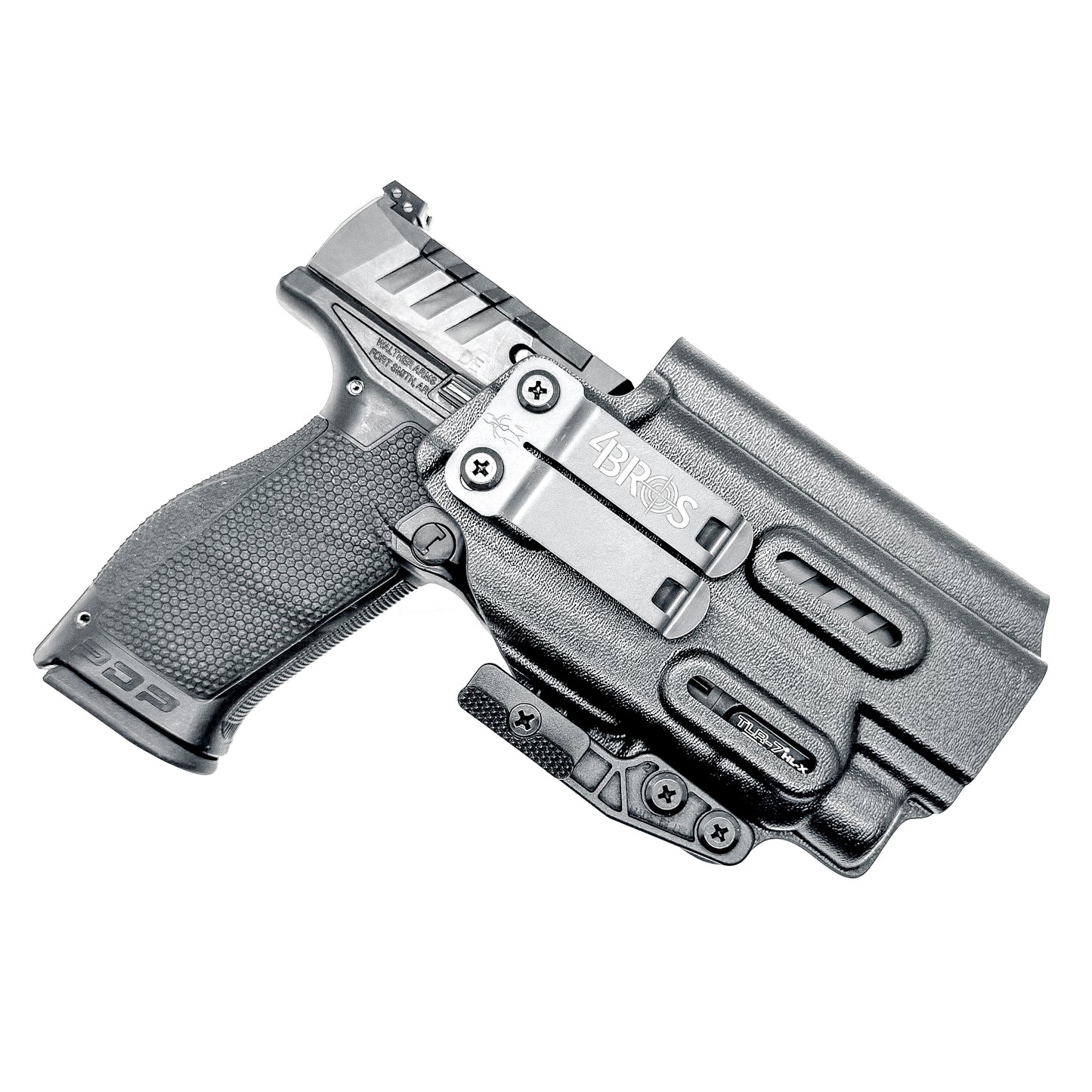 IWB Kydex Inside Waistband Holster for the Walther PDP Pro SD Compact 4.6" pistol & Streamlight TLR-7X, A, or HL-X, shown in black with a DCC Monoblock and a modwing from Four Brothers Holsters. 