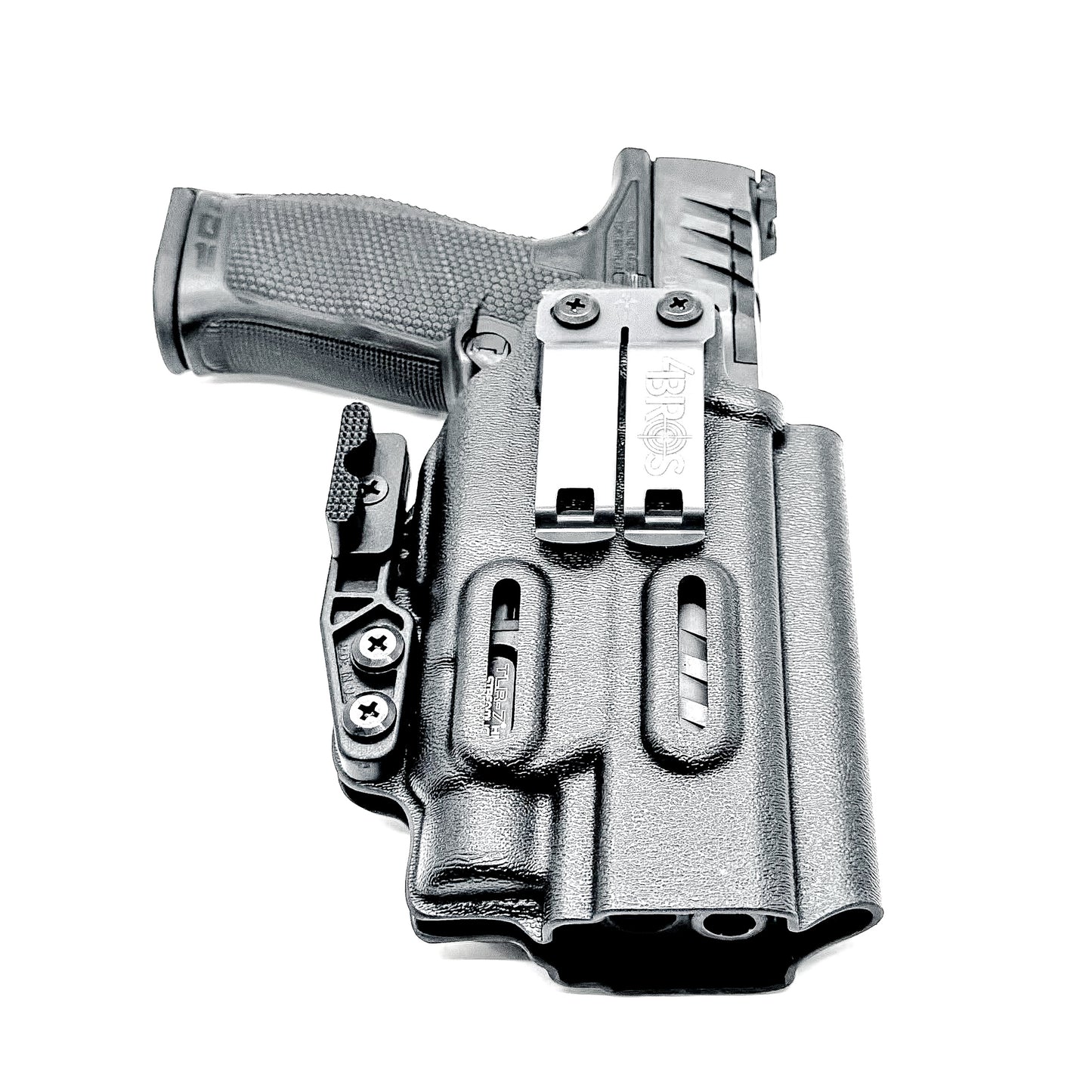 IWB Kydex Inside Waistband Holster for the Walther PDP Pro SD Compact 4.6" pistol & Streamlight TLR-7X, A, or HL-X, shown in black with a DCC Monoblock and a modwing from Four Brothers Holsters. 