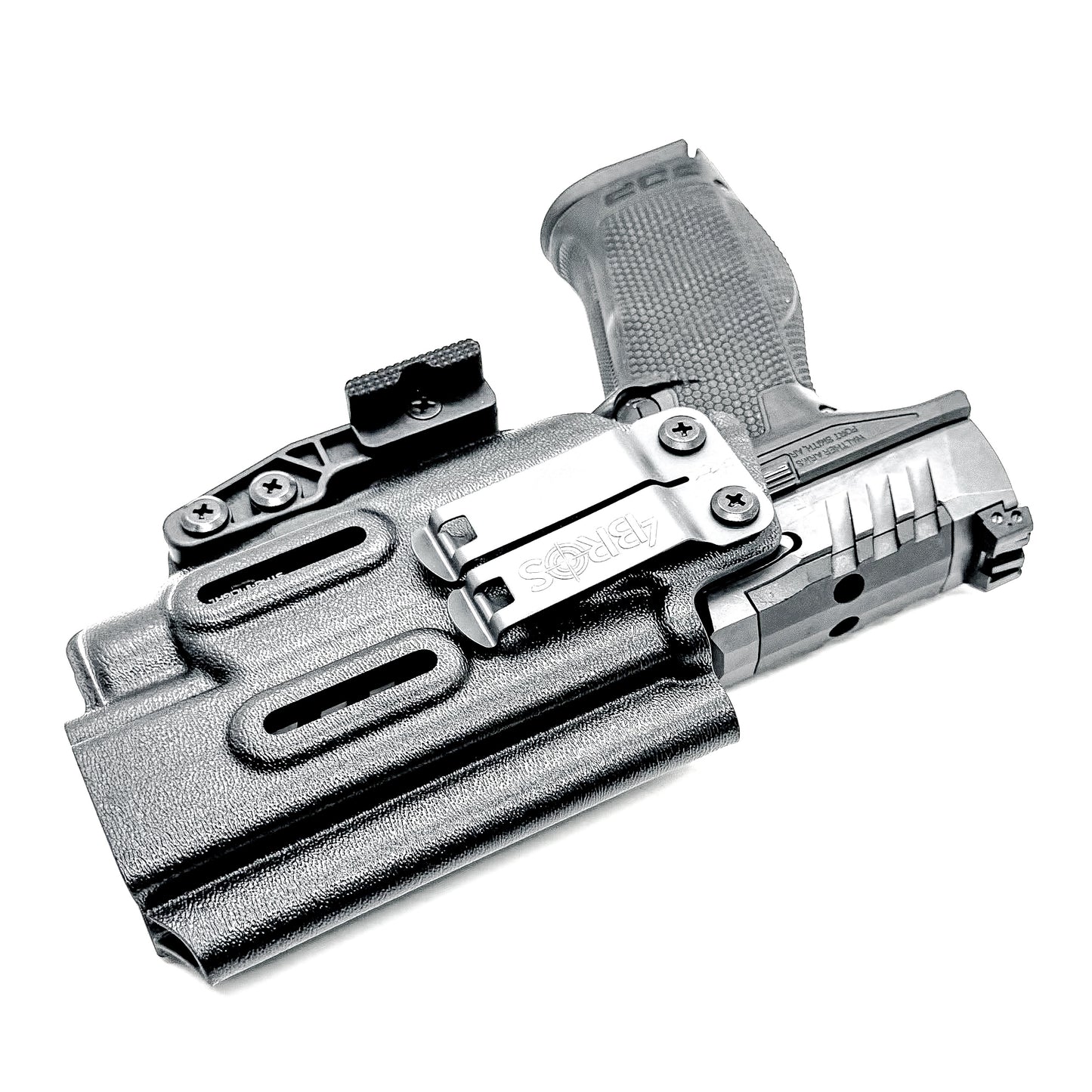 IWB Kydex Inside Waistband Holster for the Walther PDP Pro SD Compact 4.6" pistol & Streamlight TLR-7X, A, or HL-X, shown in black with a DCC Monoblock and a modwing from Four Brothers Holsters. 
