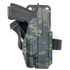 Outside Waistband Duty & Competition Kydex holster designed to fit the Sig Sauer 10MM P320-XTEN and Surefire X-300U.  Full sweat guard, adjustable retention, open muzzle cleared for a red dot sight. Proudly made in the USA for veterans & law enforcement. 10 MM P320-XTEN, P320 X Ten, or P 320 XTEN. X300 X-300 U X-300A X-300B