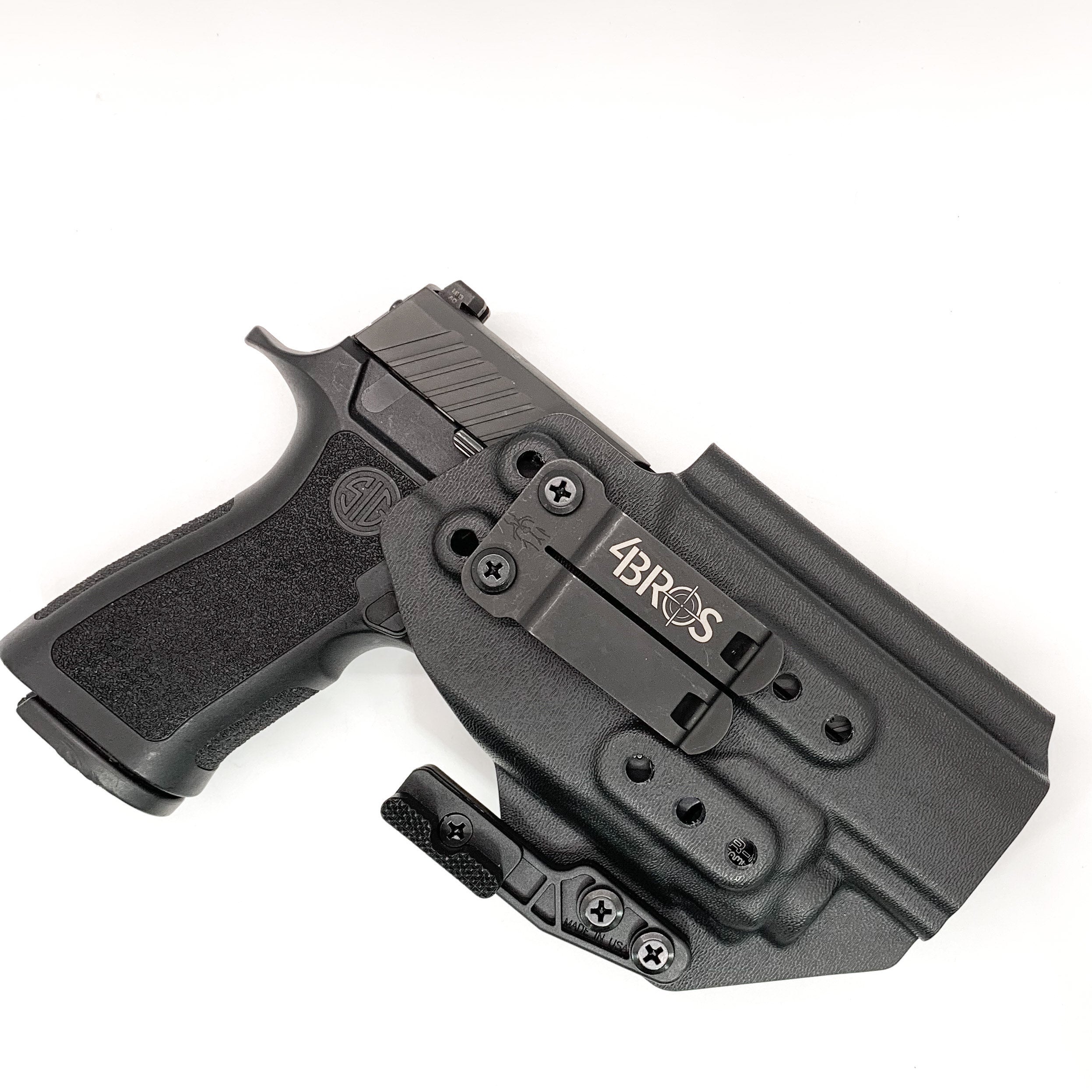 Inside Waistband Holster designed to fit the Sig Sauer P320 Full Size, X5, and M17 pistols with the Streamlight TLR-8 or TLR-8A light and Align Tactical Thumb Rest Takedown lever mounted to the pistol. The holster retention is on the light itself and not the pistol,  the holster will not work without the light.