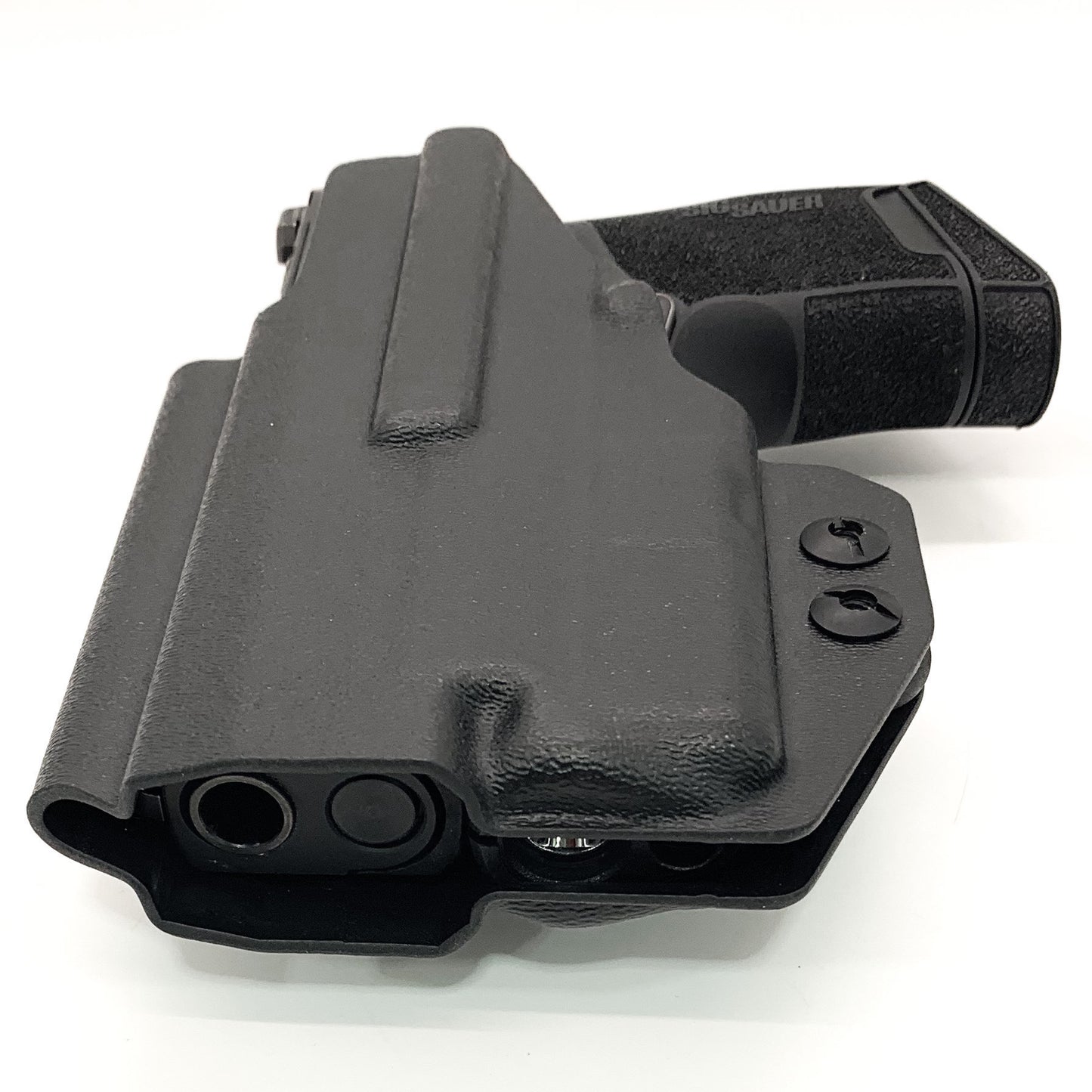 Inside Waistband Holster designed to fit the Sig P365 or P365X pistol with Streamlight TLR-6 light. Holster has adjustable retention,  high sweat shield standard. Profile of the holster cut to allow a red dot sight.  Open muzzle for threaded barrels.