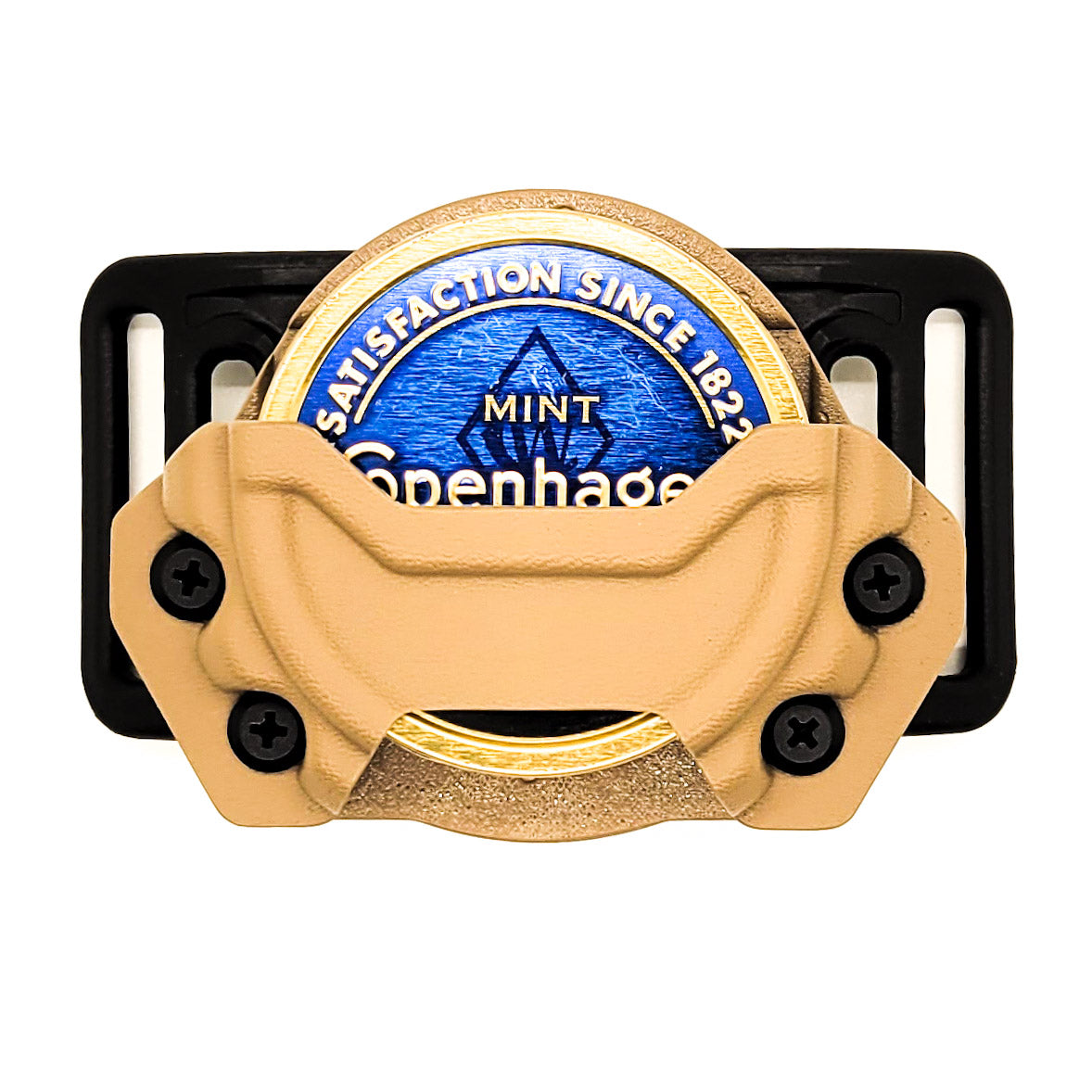 Kydex dip can (or chew can) holster designed to ride on your belt and hold your favorite adult lip candy securely, shop Four Brothers Holsters. 