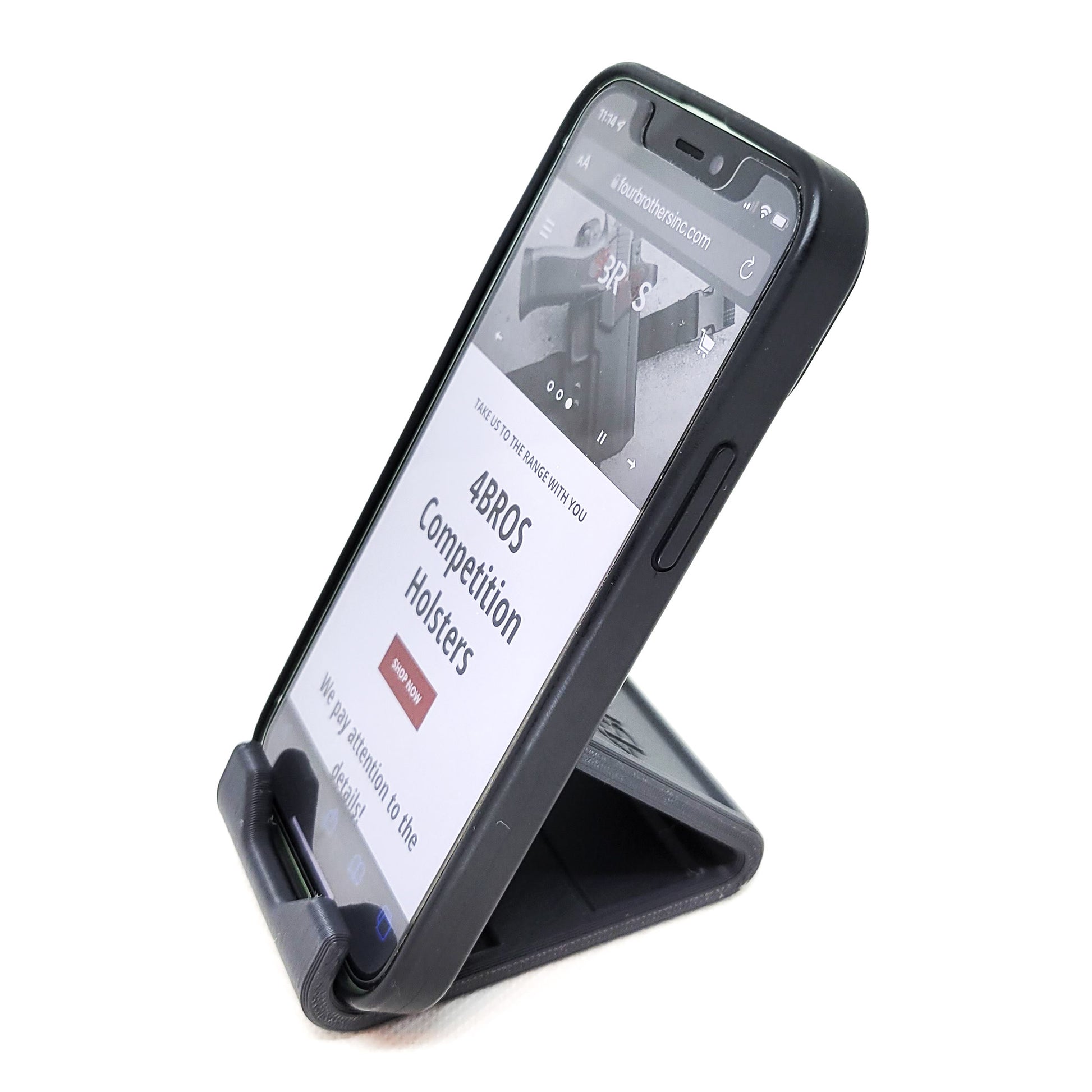 For a quality, universal phone or tablet stand, shop Four Brothers 4Bros Holsters.  It’s made in a minimalist design from PLA, a plant-based material.