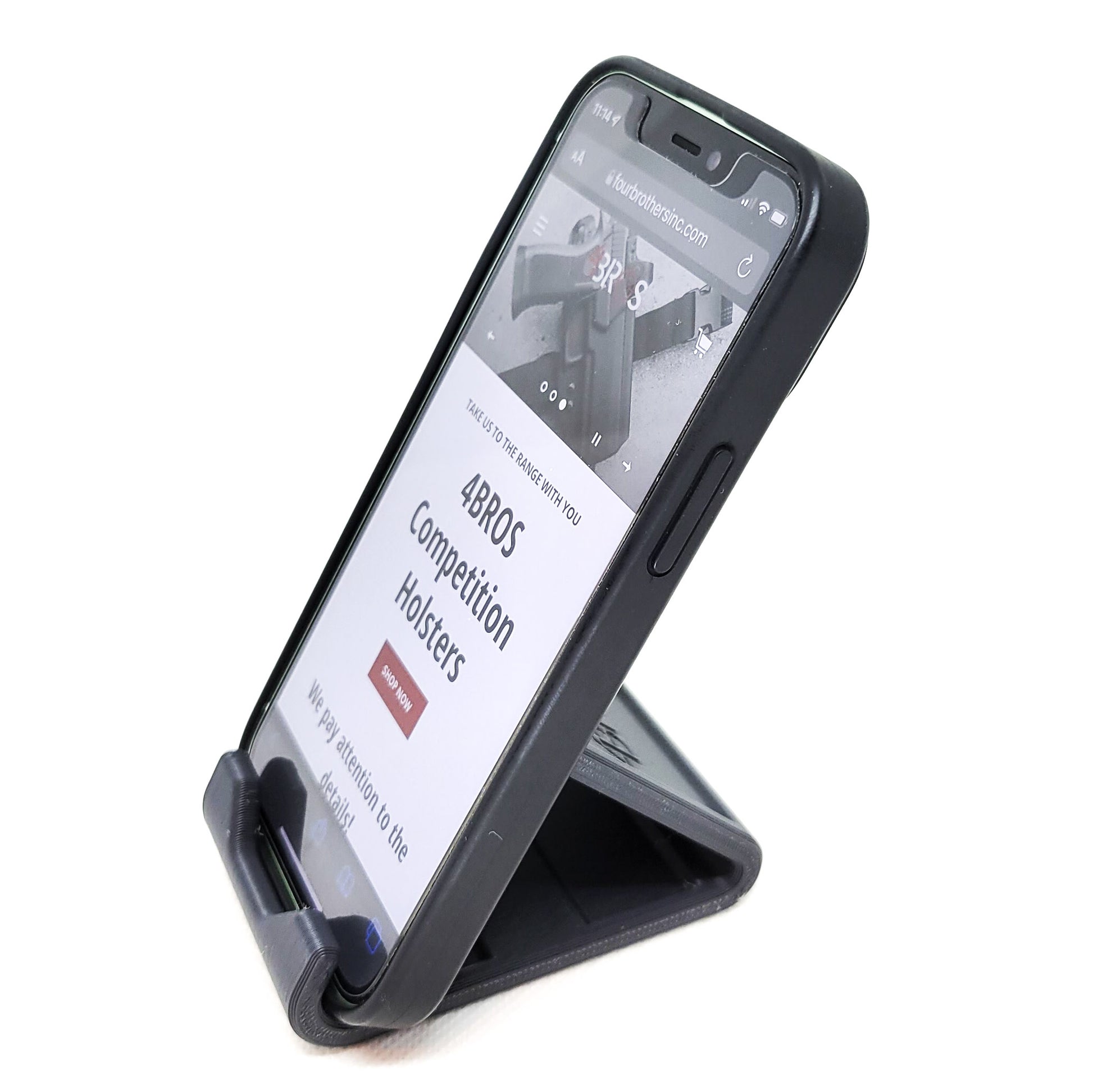 For a quality, universal phone or tablet stand, shop Four Brothers 4Bros Holsters.  It’s made in a minimalist design from PLA, a plant-based material.