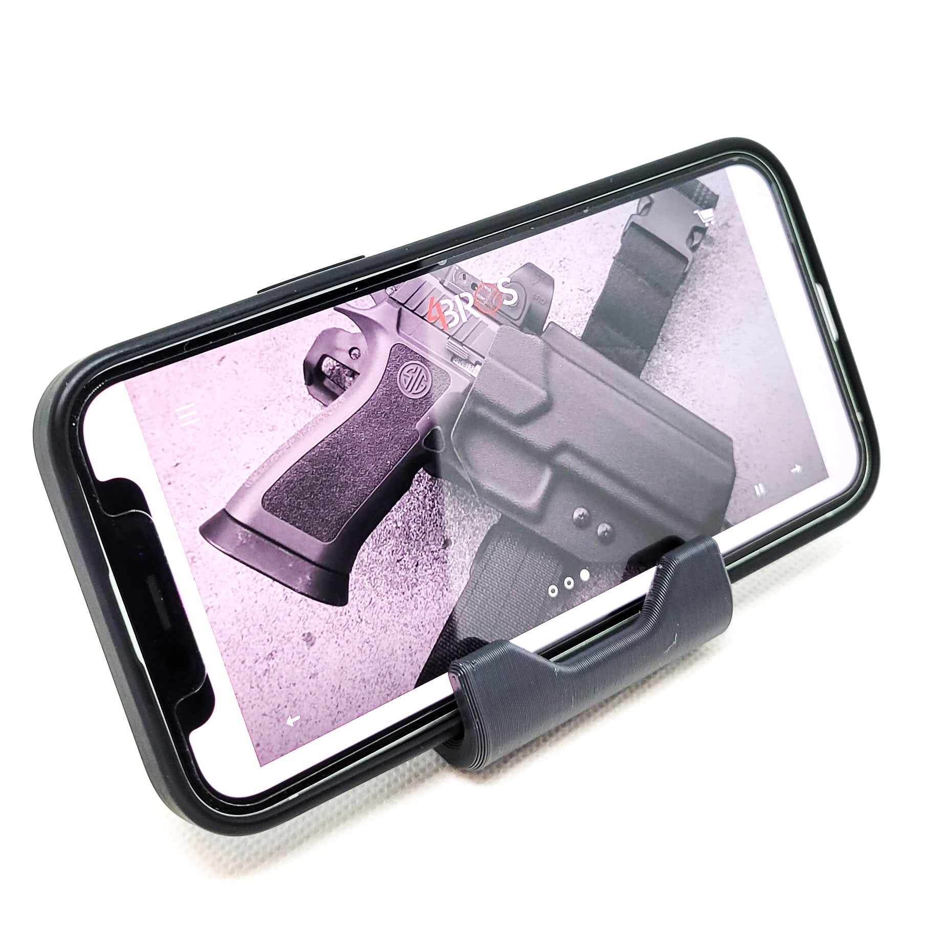 For a quality, universal phone or tablet stand, shop Four Brothers 4Bros Holsters.  It’s made in a minimalist design from PLA, a plant-based material.