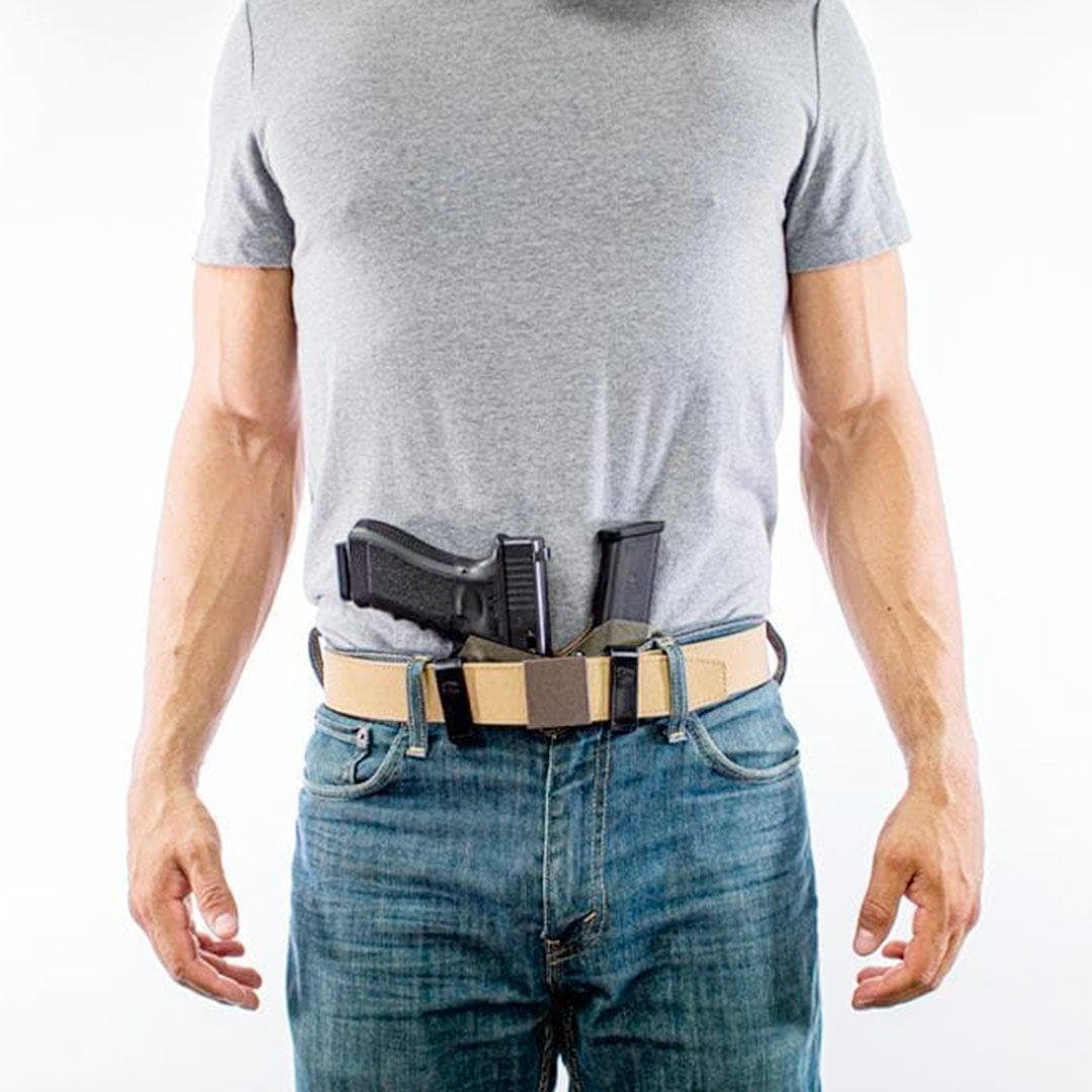 Nextbelt appendix belt for Every Day Carry. Buckle design frees up  space in front for you to carry your firearm or pistol or gun and extra magazines. Its buckle is sized 1 1/2  x 1 11/16" and can be worn front center, left hip, or hidden near the curve of the back. It is the most comfortable belt you'll own. 